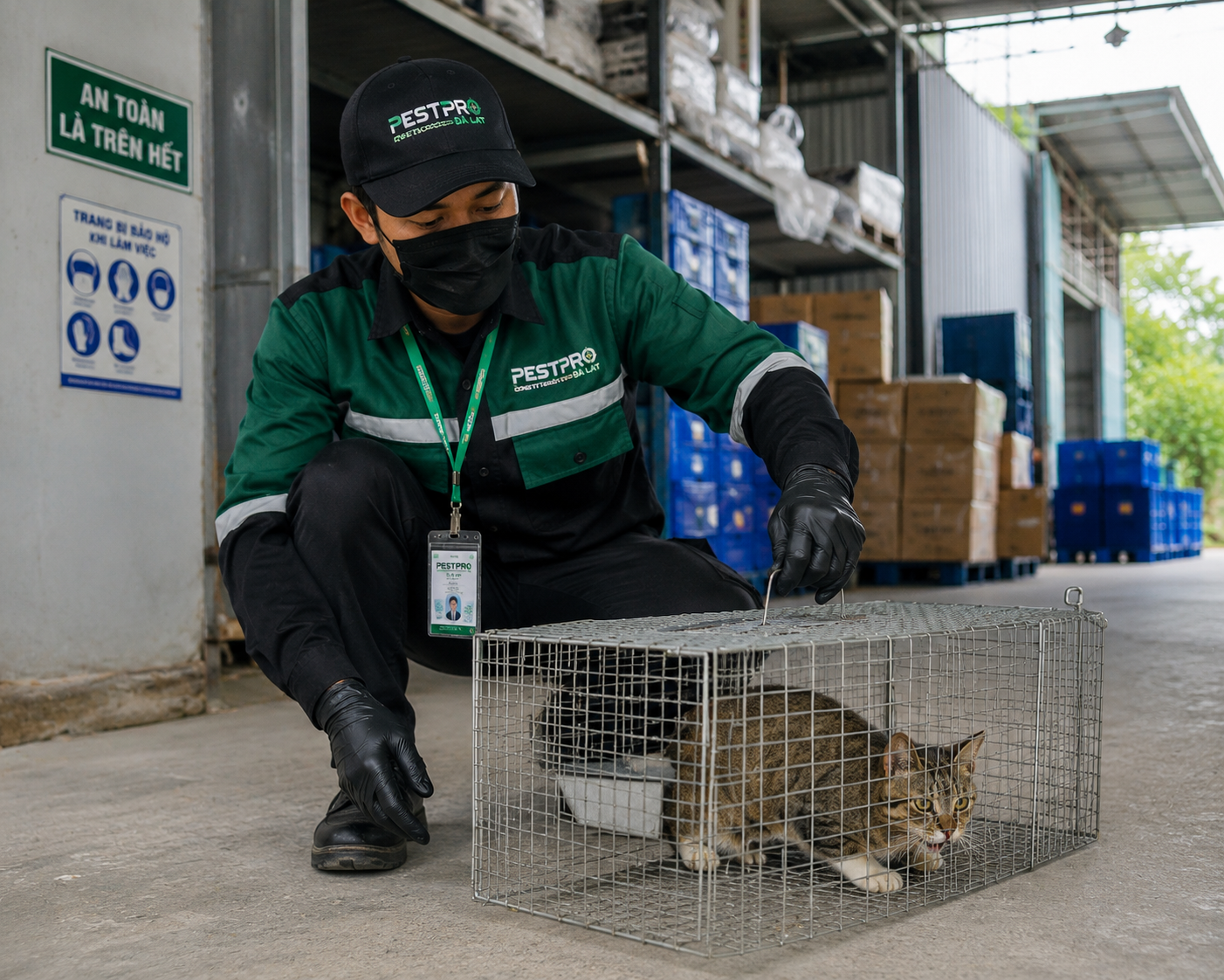 Bạn hãy thiết kê cho tôi 1 hình ảnh tự nhiên có 1 người nhân viên của PESTPRO ĐÀ LẠT đang bắt mèo hoang ở khu vực công trình xây dựng. Tôi Cho bạn tự do sáng tạo